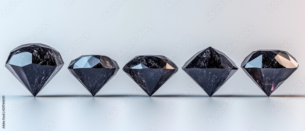 Poster row of five sparkling black diamonds on a reflective surface displaying facets and light play in a s