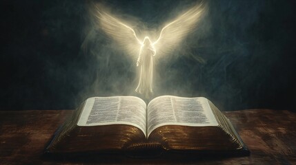Angelic Revelation A Luminous Angel Emerging from an Ancient Bible