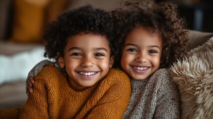 Two happy children hugging and smiling on sofa