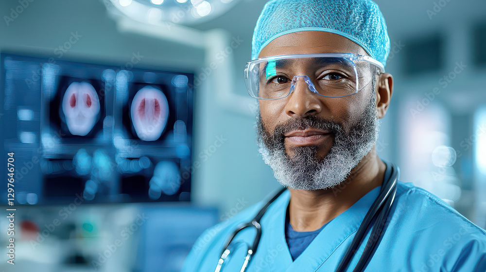 Poster confident surgeon in scrubs stands in modern operating room with brain scans displayed on screen, sh