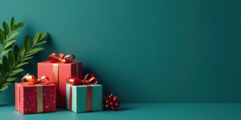 Festive Presents and Greenery Against a Teal Background A Holiday Gift Giving Scene