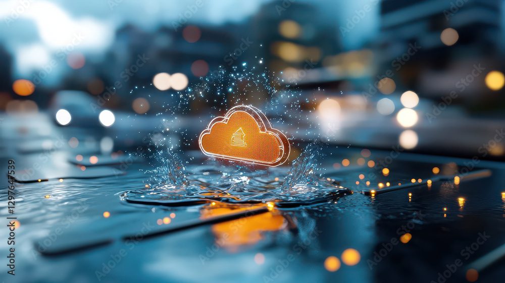 Leinwandbilder glowing cloud icon hovers above wet city street, symbolizing futuristic ai controlled weather modifi