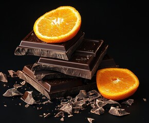 Indulging in dark chocolate and orange slices food photography minimalist setup dark background close-up culinary delight