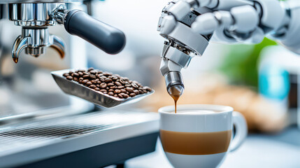 robotic arm expertly brews coffee, showcasing advanced AI technology in modern coffee lab. scene highlights precision and innovation of robotic baristas in crafting beverages