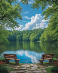 Fototapeta premium Scenic lakeside park with two wooden benches overlooking calm reflective water, surrounded by lush green trees under a bright blue sky with fluffy white clouds, creating a peaceful nature escape.