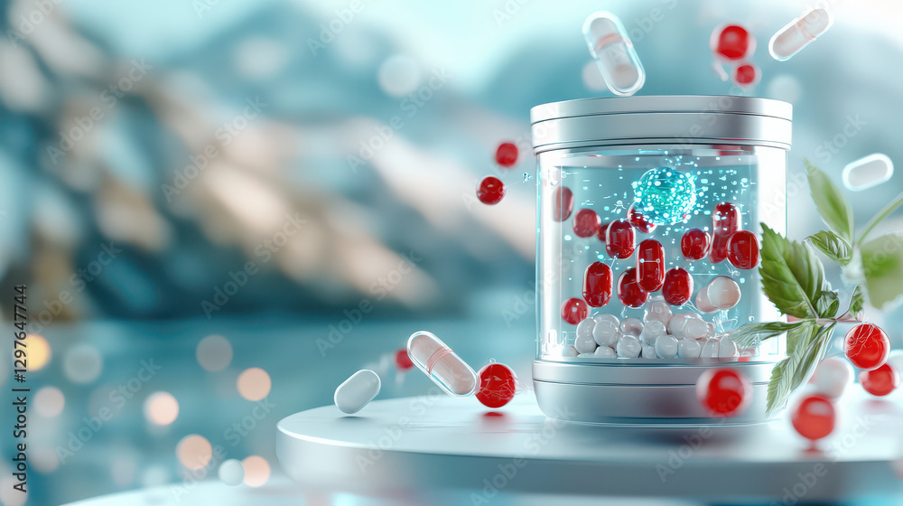 Poster futuristic fermentation lab with AI analyzing probiotics in glass container, surrounded by floating capsules and plant, set against blurred natural background