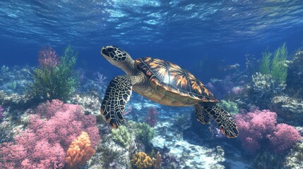 Obraz premium Majestic Sea Turtle Gliding Through Vibrant Coral Reef Ecosystem Underwater Marine Life Adventure