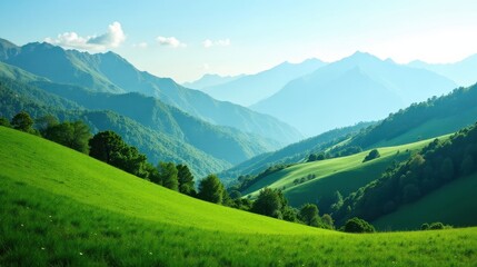 Obraz premium Serene Rolling Hills and Verdant Meadows Under a Clear Sky, Presenting a Breathtaking Panorama of Majestic Mountains in the Distance