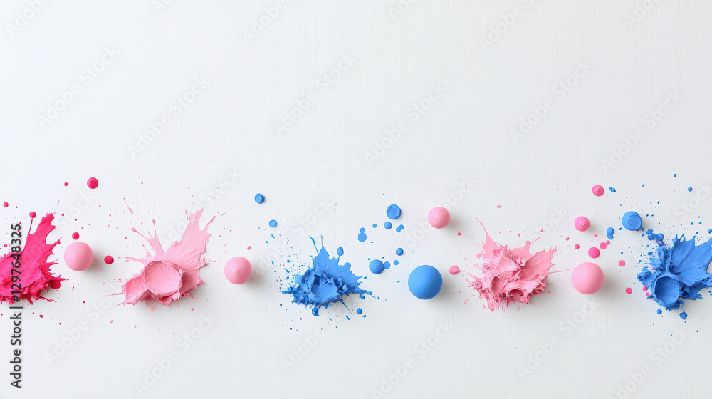 Poster Vibrant splashes of pink and blue paint create dynamic pattern on white background