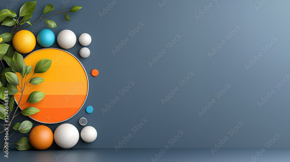 Poster vibrant 3D infographic with gradient colors features geometric shapes and green leaves on blue background, creating modern and dynamic design