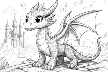 Cute baby dragon standing on a cliff looking a castle in the background
