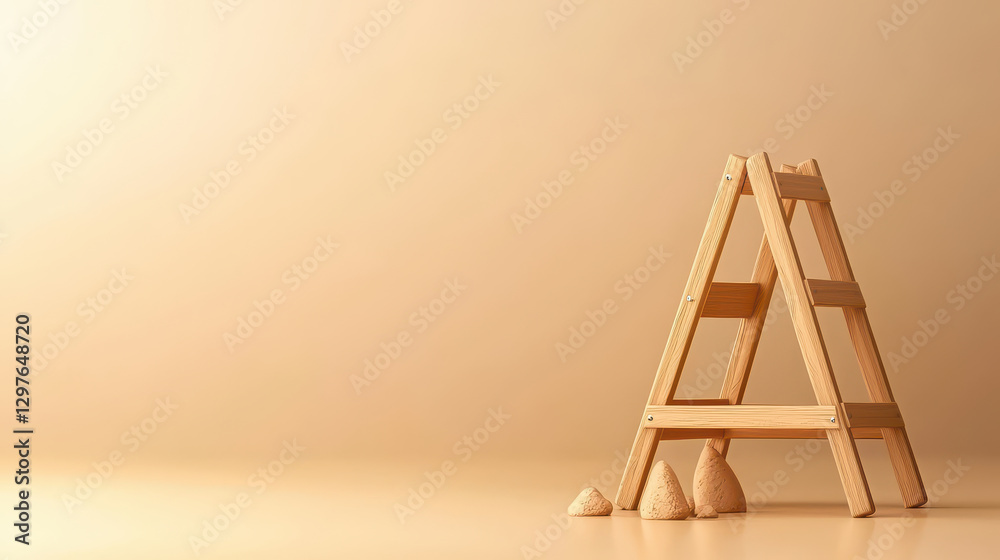 Poster minimalistic wooden ladder stands on light beige background, surrounded by small piles of sand, crea