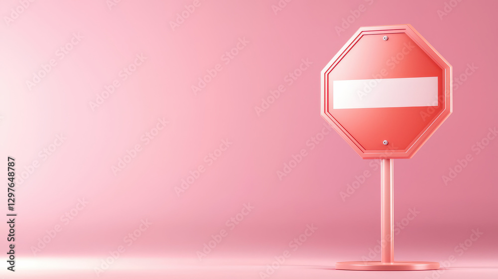 Aufkleber modern beige plastic warning sign with soft pastel pink background, creating minimalist and contemporary aesthetic. sign octagonal shape and blank center add to its unique design