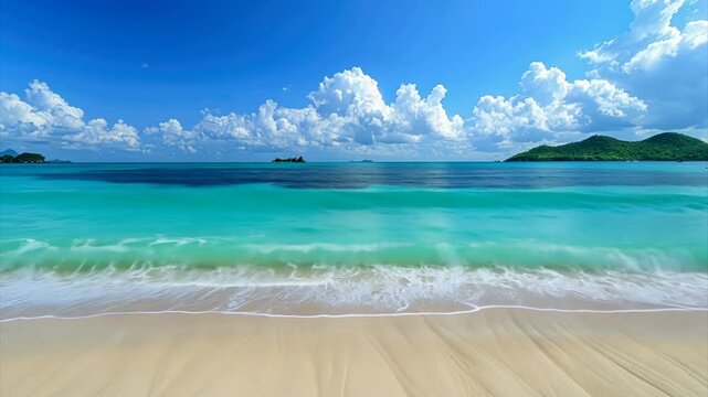 Tropical beach with azure water in the ocean. Paradise island on a sunny summer day. Trip, travel and vacation theme