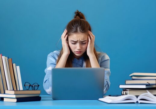 Student overwhelmed by study stress home office digital environment close-up view academic pressure