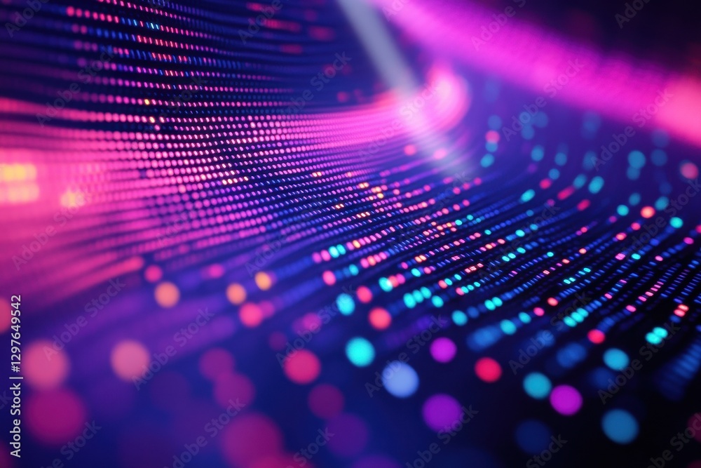 Poster Visual display of vibrant light patterns in an abstract digital art installation showcasing colorful dots and waves in a dark environment