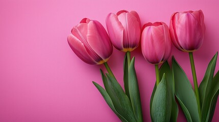 Naklejka premium Tulips on a Pink Background: Mother's Day Greeting Card and Happy Women's Day Banner Template Design Concept
