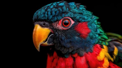Obraz premium Close-up portrait of a vibrant rainbow lorikeet parrot with colorful feathers and a bright orange beak against a black background.