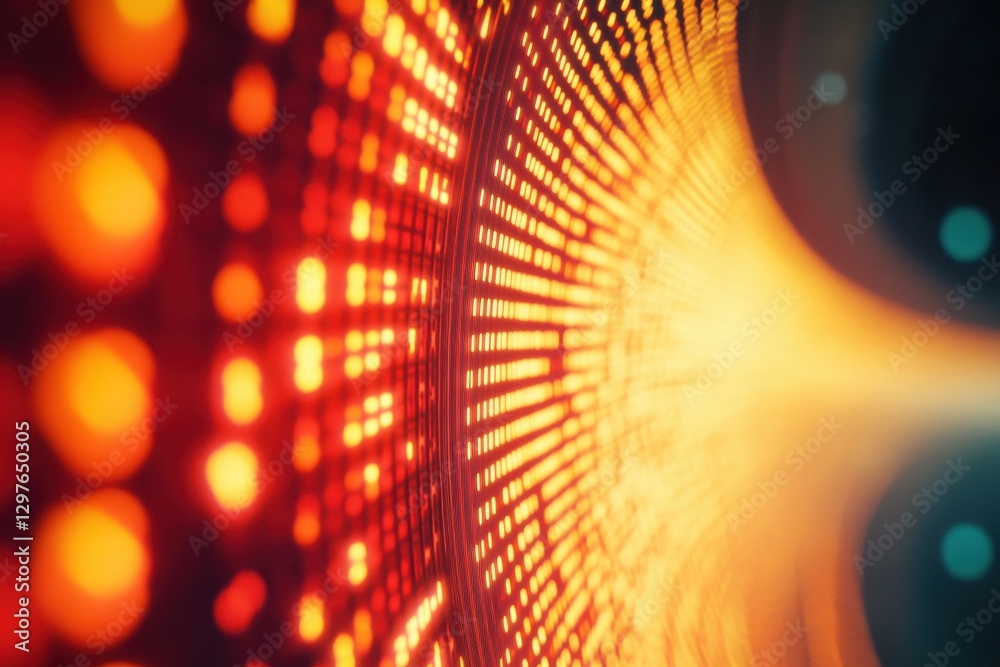 Aufkleber Visual display of vibrant light patterns in an abstract digital art installation showcasing colorful dots and waves in a dark environment