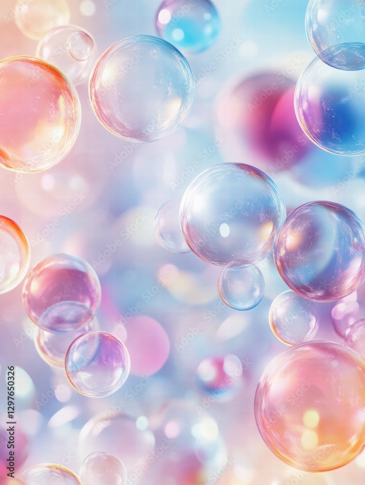 Poster Colorful soap bubbles create a vibrant repeating pattern in a dreamy background setting with soft focus and gentle hues. Generative AI