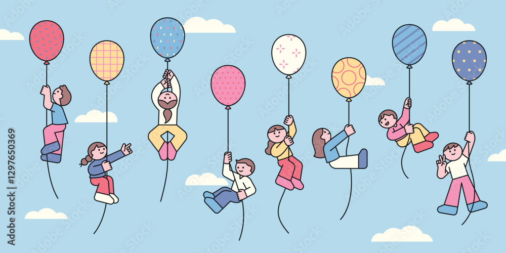 Wall mural a whimsical vector illustration of children floating in the sky while holding colorful balloons. a f