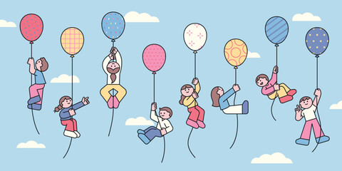 A whimsical vector illustration of children floating in the sky while holding colorful balloons. A fun and dreamy artwork representing joy, imagination, and adventure.