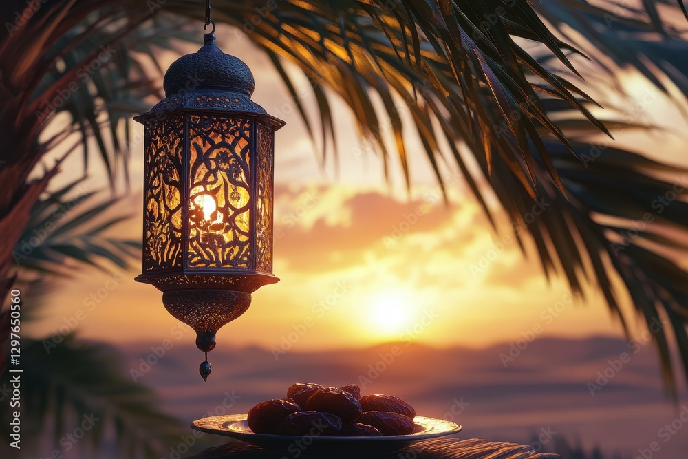 Poster beautiful lantern hangs from tree at sunset with dates arranged on a plate in the desert
