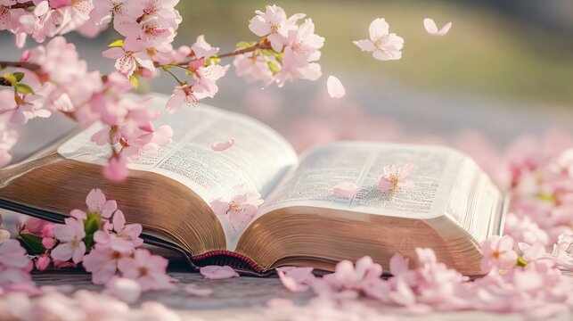 Open Bible with Cherry Blossoms in Springtime