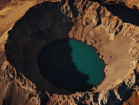Aerial view of volcanic crater lake with steep rugged caldera walls - Powered by Adobe