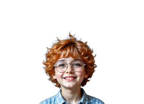 Child with red hair wearing glasses in front of success chalkboard, transparent background - Powered by Adobe