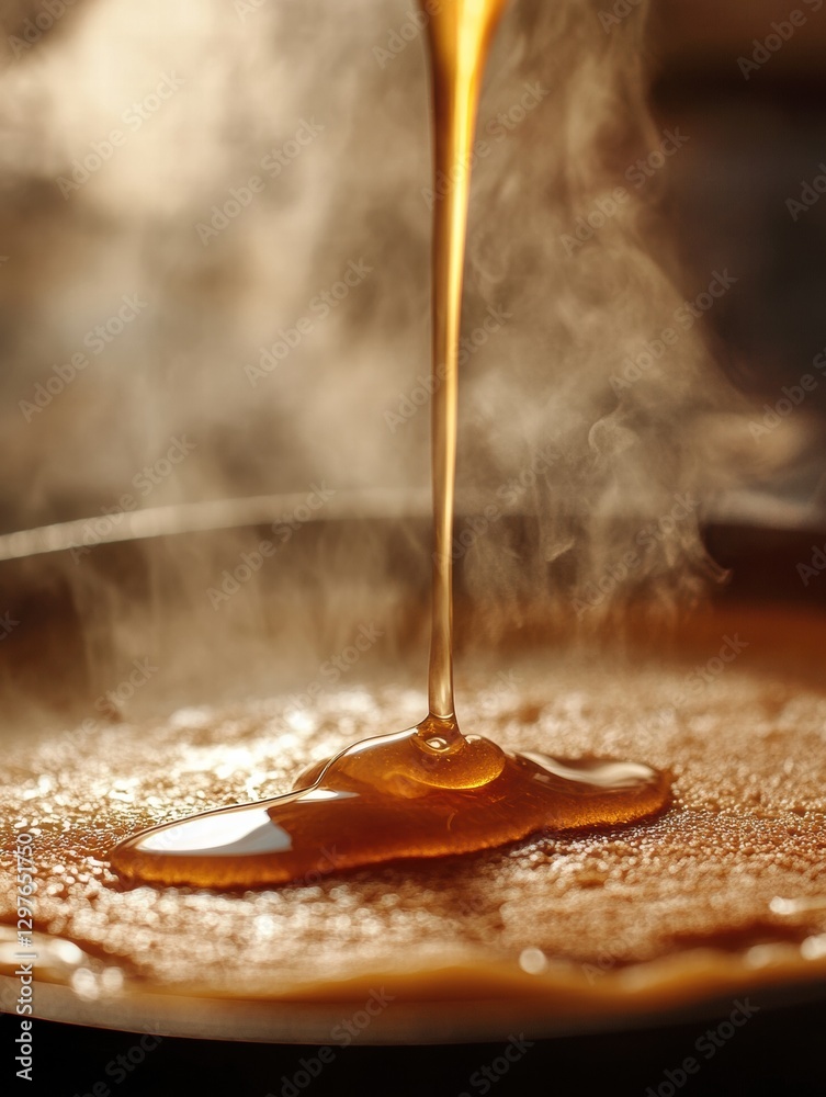 Poster thick caramel slowly drizzling onto a warm surface, creating a rich and inviting texture in a cozy k