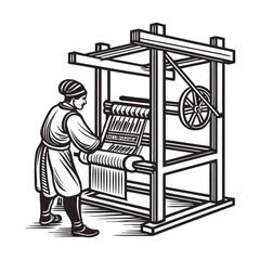 A skilled artisan is weaving fabric on a loom line art coloring page vector
