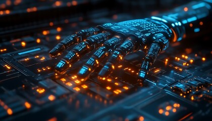 Futuristic robot hand on circuit board