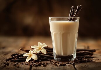 Creamy vanilla beverage in a glass with dark vanilla pods and fresh flowers on rustic wooden table, inviting and warm aesthetic for cozy settings
