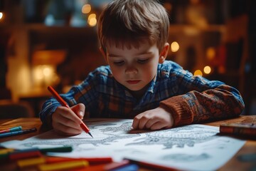 Cute little boy drawing dinosaurs with colored pencils at home