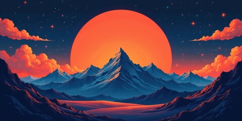 Fototapeta premium A Majestic Mountain Range Silhouetted Against a Vibrant Crimson Sunset and Starry Sky