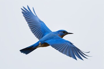 arafed blue bird flying in the sky with its wings spread