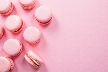 Obraz premium Delightful Pink Macarons Arranged on a Soft Pink Background, Perfect for Culinary or Bakery Themes