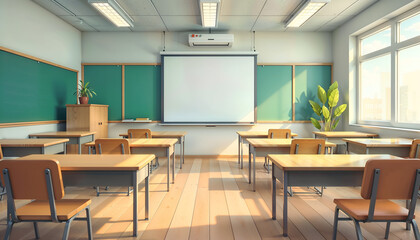 Empty Classroom with Desks, Chalkboard, and Bright Windows. 