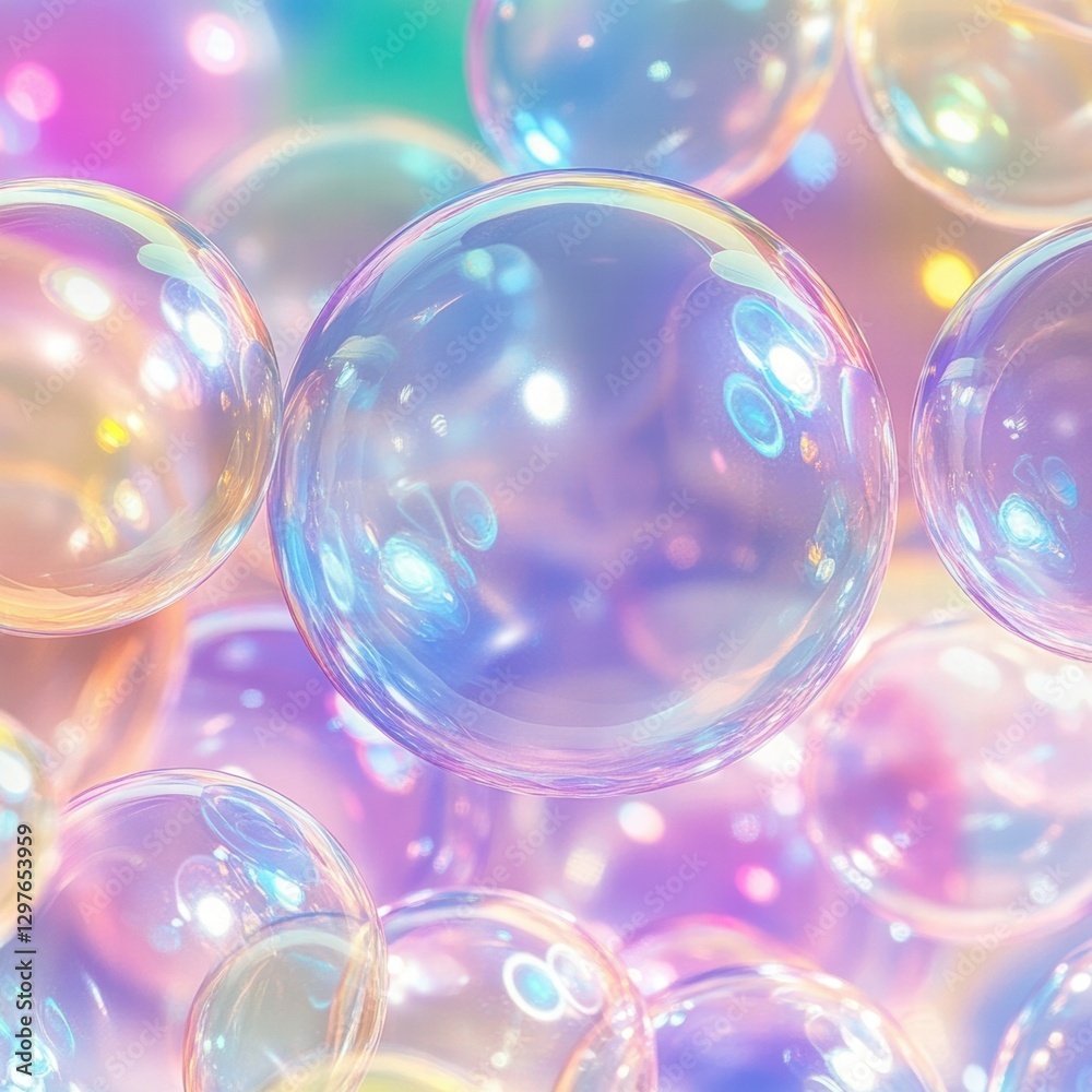 Poster Colorful soap bubbles create a vibrant repeating pattern with light reflections against a dreamy background. Generative AI