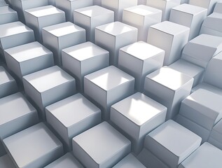 Obraz premium Abstract 3D rendering of glossy white cubes arranged in a uniform grid pattern with a single missing cube, creating a unique geometric design and minimalist futuristic concept.