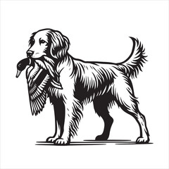 vector Labrador retriever/ Brittany Spaniel dog standing and holding a duck in its mouth