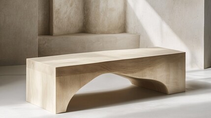 A modern minimalist wooden bench with an arched support structure