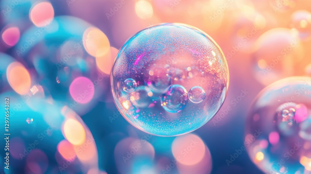 Poster Bubbles floating in vibrant and colorful atmosphere with soft light reflections creating a dreamy effect