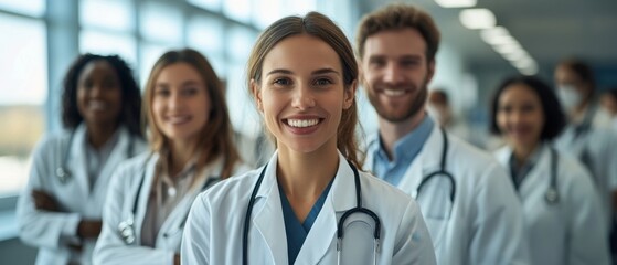 Fototapeta premium Diverse medical team portrait showcasing collaboration professionalism and dedication in modern hospital setting with bright light and focus on teamwork