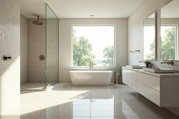 Fototapeta premium Luxurious Modern Bathroom Design with Freestanding Tub and Walk-in Shower, Featuring Large Window with Natural Light and Elegant Fixtures