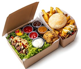 Delicious fast food feast urban takeout meal box casual dining aerial view culinary delight