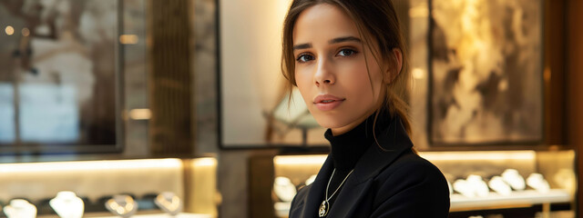 Professional jewelry shop employee in a sleek, minimalist luxury setting showcasing elegance and sophistication