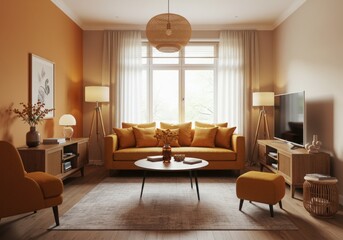 Burnt Orange soft yellow Living Room design Japandi Farmhouse decor