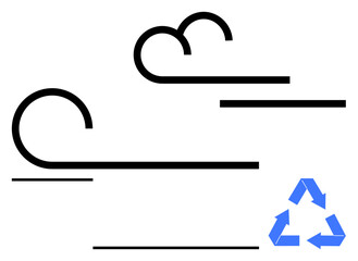 Black abstract wind lines flow, paired with a blue recycling symbol. Ideal for sustainability, eco-awareness, renewable energy, clean air, waste management, responsible practices, abstract line flat